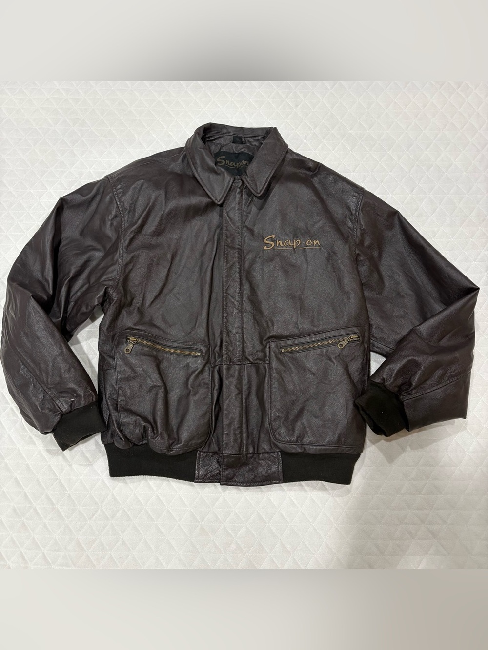 Snap On Tool Dark Brown Faux Leather Bomber Jacket Size L Flight Coat Heavy Duty